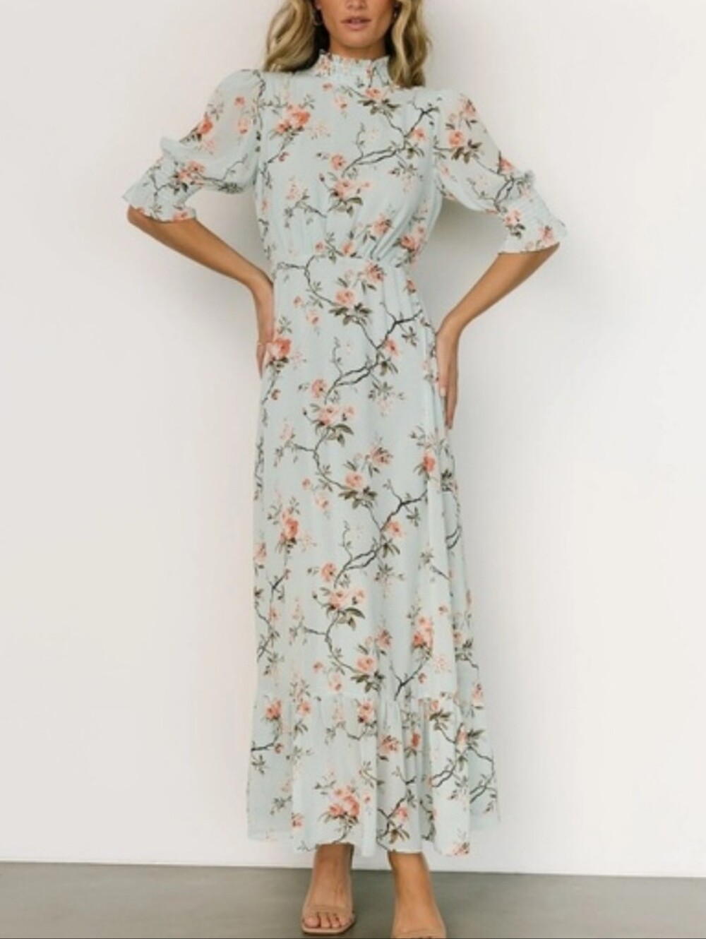 Baltic Born Marie Mock Neck Micro Floral Maxi Dress Sage Size S - Picture 2 of 8